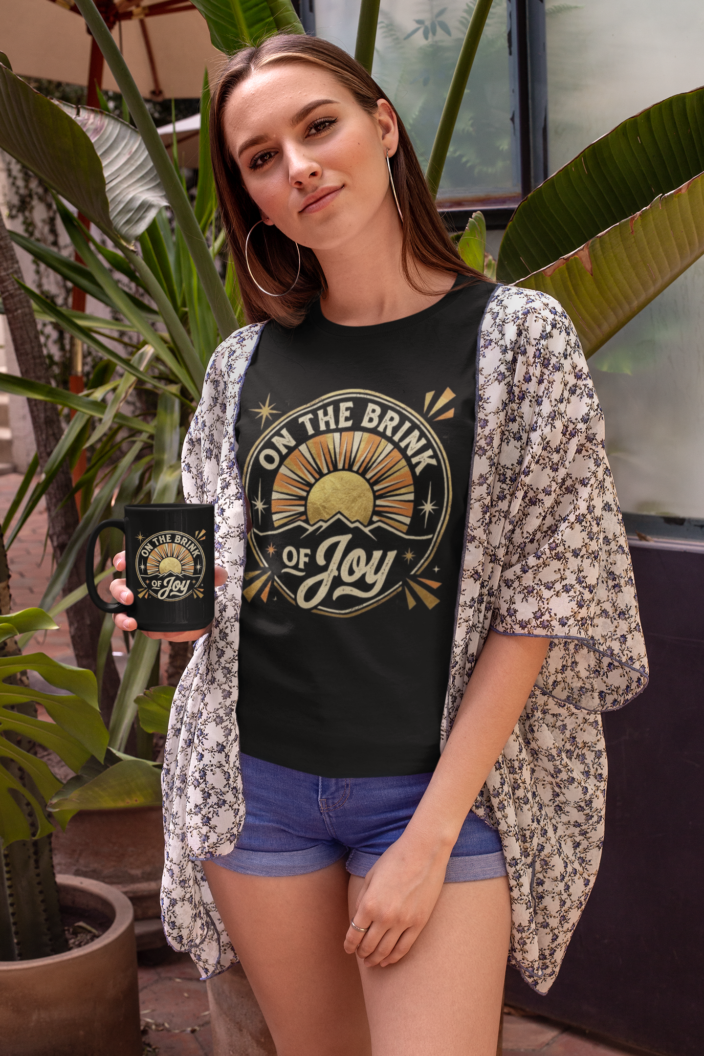 On the Brink of Joy: Retro Sunrise Coffee Mug | 11oz Black Ceramic Inspirational Cup