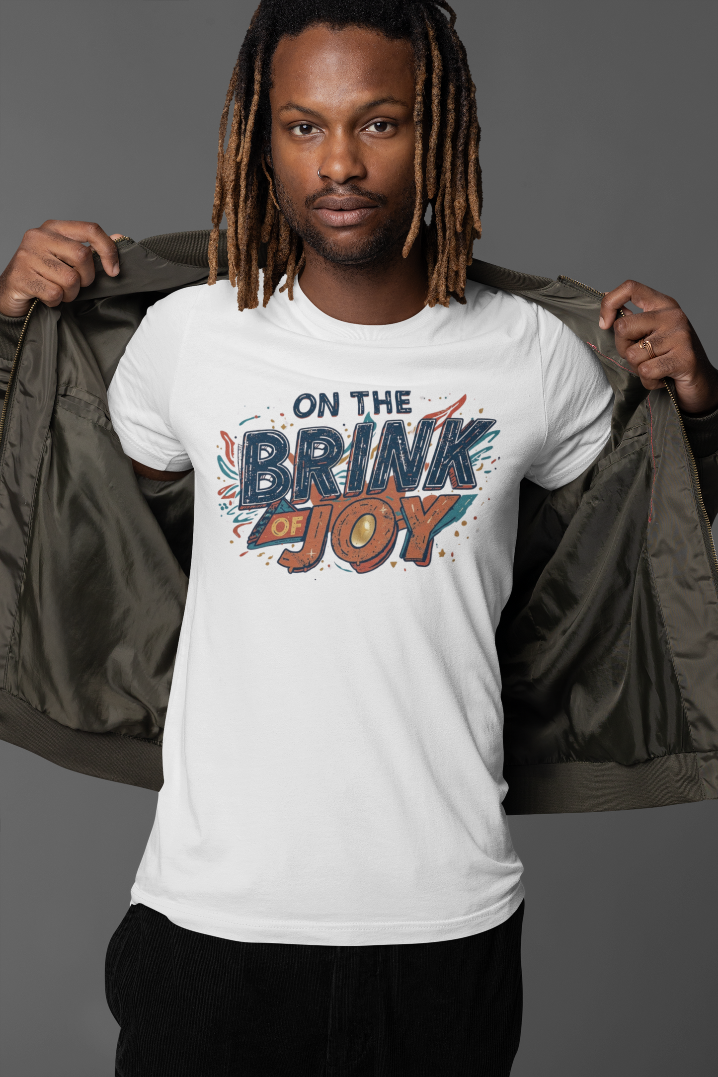Abstract Typography Bright Tee | Distressed Retro Pop Art Graphic Shirt | On the BRINK of JOY
